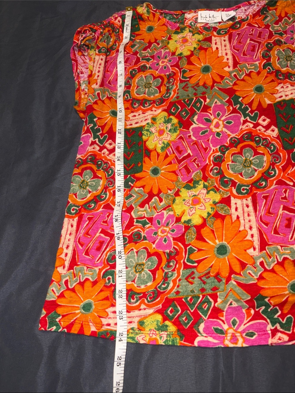Nicole Miller Linen Multicolor Floral Short-Sleeve Blouse - Picture 6 of 7